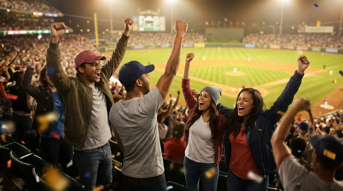 Aficionados celebrando en estadio de béisbol durante partido nocturno