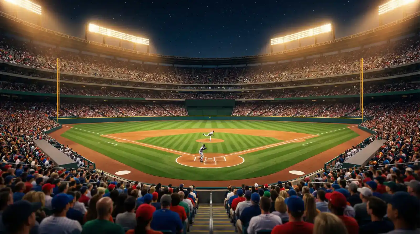 Estadio de béisbol MLB con aficionados durante un partido nocturno